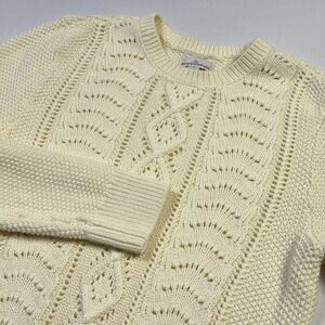 L.L. Bean Signature Sweater Womens XS White Cotton Cable Knit Fisherman Pullover